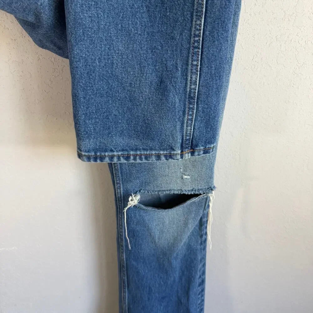 Re/Done High Rise Straight Leg Jeans Womens 25 Mid Wash Blue Denim Distress Knee